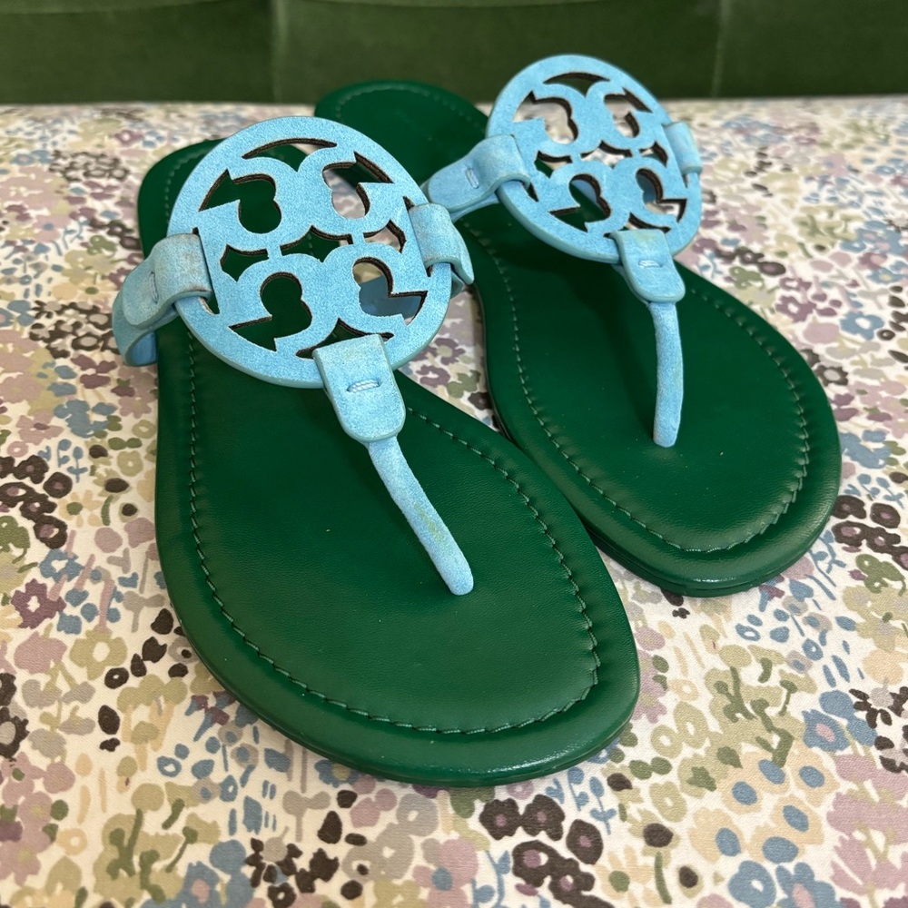 Tory Burch Bicolor Miller Sandals Size 7 Emerald Green & Sky Blue Retail $225